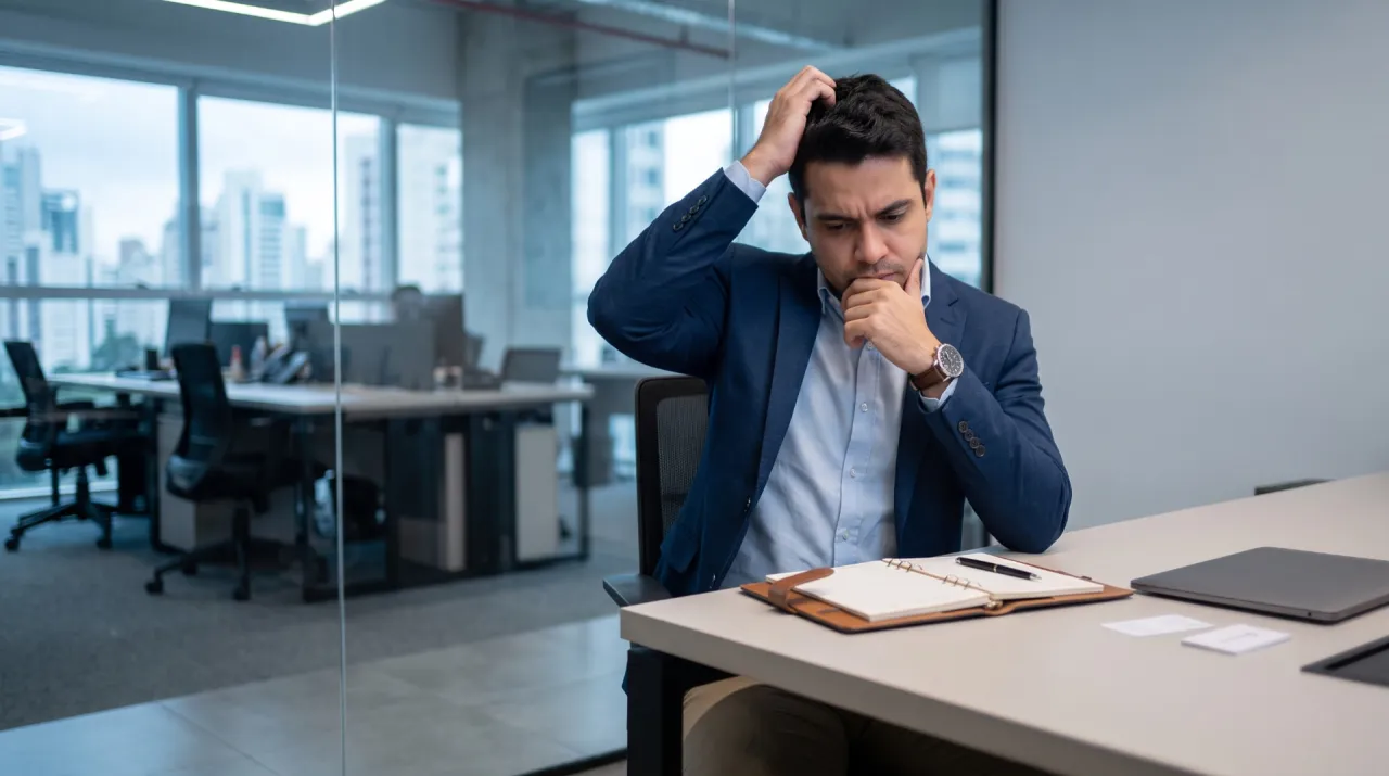 Profissional preocupado sentado à mesa do escritório pensando na entrevista em inglês